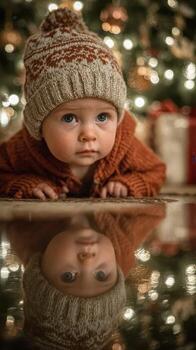 Baby in cozy sweater exploring a festive holiday atmosphere with reflections and sparkling lights in a warm setting photo