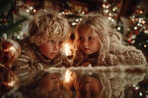Children experiencing the joy of Christmas by the cozy fireplace surrounded by festive decorations in a warm, inviting living room photo