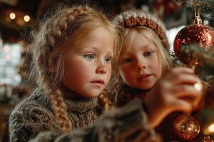Joyful children decorating a Christmas tree in a cozy indoor setting during the holiday season photo