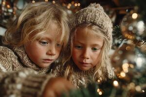 Two children decorating a Christmas tree indoors during the festive season in a cozy setting photo