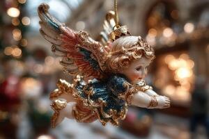 Decorative angel ornament hangs gracefully in a shop with shimmering holiday lights during winter festivities photo