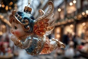 Colorful angel ornament with golden wings hangs in festive market during holiday season photo
