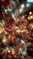 Festive ornament featuring a cherubic figure holding a gift, captured in a holiday market setting photo