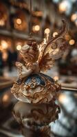 Delicate glass figurine of a fairy ornament in a festive market setting during the evening photo
