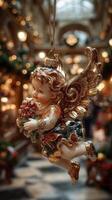 Decorative angel ornament holding flowers hangs in a festive market illuminated by warm lights photo