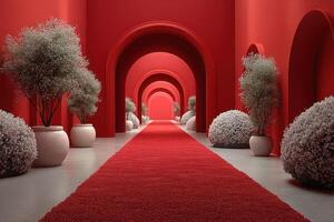 Vibrant red corridor with arches, greenery, and plush carpet creating a striking interior design photo