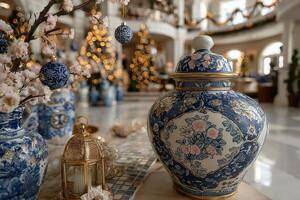 Elegant holiday decor with blue and white pottery in a beautifully arranged festive setting photo