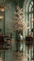 Elegant interior with cherry blossom tree and vintage decor in a luxurious setting during daylight photo