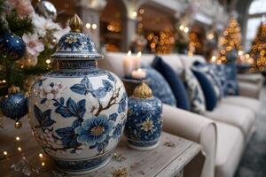 Decorative porcelain jars on a table in a cozy, elegantly decorated holiday living room with twinkling lights photo
