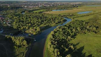 Aerial view of a lush island in the river near Yelabuga video