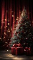 Beautifully decorated Christmas tree with presents in a cozy holiday setting photo