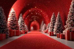 Enchanting holiday pathway lined with festive trees and gifts in a cozy setting photo