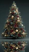Colorful Christmas tree decorated with ornaments and flowers reflecting on the surface photo