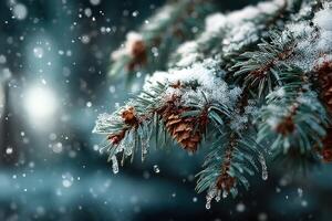 Snow-covered pine branches with cones glistening under soft winter light photo