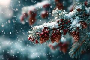 Snow-covered pine branch with cones in a winter forest during snowfall photo