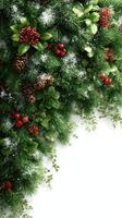 Elegant holiday decorations showcasing greenery, pinecones, and festive berries on a winter backdrop photo