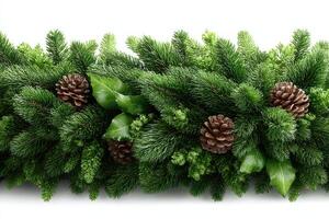 Festive greenery arrangement with pinecones and holly for winter decoration and celebration photo