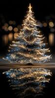 Beautifully illuminated Christmas tree with sparkling lights reflects on serene water surface at night photo