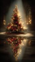 Elegant Christmas tree with lights and reflections in a dimly lit room creates a warm holiday atmosphere during evening hours photo