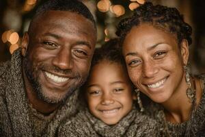 Happy family enjoys cozy moment together during a winter holiday celebration in a warm, inviting setting photo
