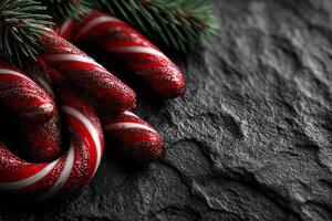 Holiday candy canes and pine branches on a textured black background celebrating winter festivities photo