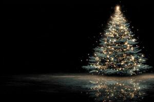 Brightly lit Christmas tree with reflection on glossy surface in dark room during the holiday season photo