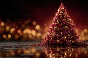 Beautifully decorated Christmas tree with golden ornaments and warm lights set against a festive background of bokeh effects photo