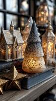 Decorative holiday display featuring illuminated tree, church, and lanterns in cozy indoor setting during winter season photo