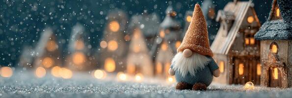 Snowy winter evening with a gnome in front of illuminated houses and falling snowflakes photo