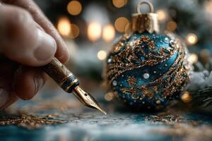 Elegant pen poised to write on paper near a decorative Christmas ornament during festive season photo