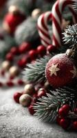 Bright red ornament and candy canes amid festive green pine branches during the holiday season photo