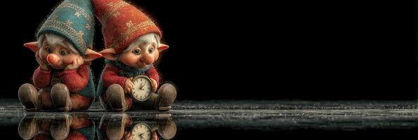 Two whimsical gnomes sitting together, one holding a clock while the other looks thoughtful in a cozy setting photo