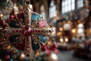 Colorful holiday ornament glimmering on a decorated Christmas tree in a festive indoor setting photo