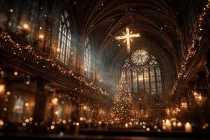 Inside a warmly lit church during a festive Christmas celebration with a decorated tree and glowing candles photo