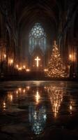 Majestic cathedral interior adorned with festive lights and a Christmas tree reflecting on polished floor at night photo
