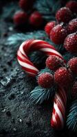 Festive decorations with candy canes and berries arranged on a dark surface for holiday celebration photo