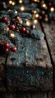 Decorations of winter greenery with traditional ornaments and glowing lights on rustic wooden table photo