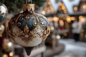 Ornate Christmas ornament hanging in a winter wonderland with festive lights and decorations photo