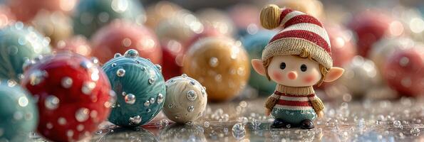 Charming elf figurine surrounded by colorful baubles on festive surface photo