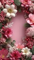 Beautiful floral arrangement featuring pink and white flowers with pinecones on a soft pink background photo