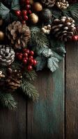 Elegant winter wreath adorned with pinecones and berries on rustic wooden background during festive season photo
