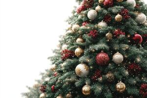 Festive Christmas tree adorned with ornaments and pine cones standing against a white backdrop with gentle snowfall photo