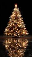 Beautifully decorated Christmas tree with lights and ornaments glowing in the dark reflecting on the floor photo