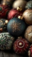 Decorative Christmas ornaments in rich colors adorned with intricate designs capture the festive spirit of the holiday season photo