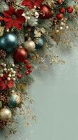 Holiday wreath decorations featuring colorful ornaments and festive foliage on a light background photo