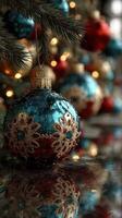 Colorful Christmas ornaments hang elegantly on a decorated tree during the holiday season in a cozy indoor setting photo