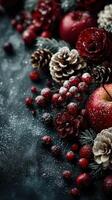 Festive arrangement of red apple and winter foliage with pinecones and berries photo