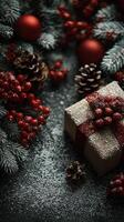 Decorative holiday setting with a gift, pine cones, and berries among evergreen branches during winter season photo