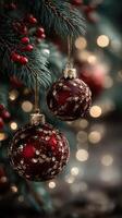 Beautiful Christmas ornaments hanging from a pine tree branch with soft bokeh lights in the background photo