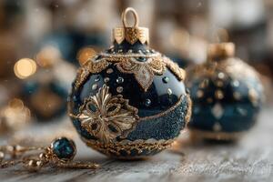 Decorative holiday ornament featuring intricate patterns and rich colors set against a blurred festive background photo
